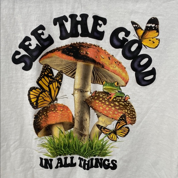 White Graphic Tee with Mushroom and Butterfly Design - Picture 2 of 4